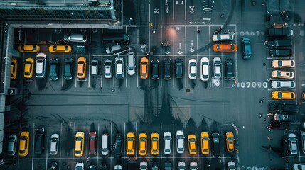 Aerial view of cars parked at a bustling international airport.