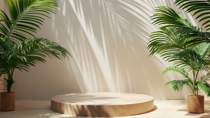 Podium mockup, tropical tree leaf background, 3d render