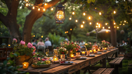 A cozy backyard or garden, bathed in the golden light of the late afternoon sun. A long, rustic wooden table is set with care, adorned with simple, yet elegant, tableware and surrounded by comfortable