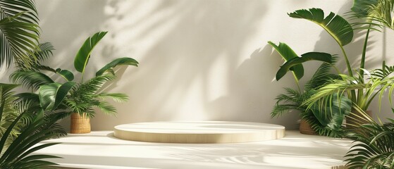 Fototapeta premium Podium mockup, tropical tree leaf background, 3d render
