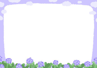 A simple hand-drawn frame of purple hydrangeas and clouds background
