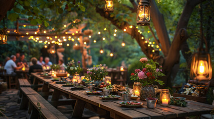 Fototapeta na wymiar A cozy backyard or garden, bathed in the golden light of the late afternoon sun. A long, rustic wooden table is set with care, adorned with simple, yet elegant, tableware and surrounded by comfortable