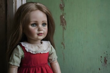 Old and decaying doll in an abandoned house
