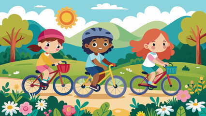 Joyful Children Riding Bicycles in a Flowering Park. Healthy lifestyle and childhood fun concept for children's book, educational poster. 