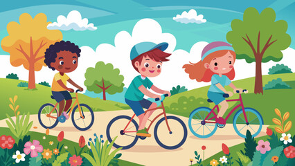 Children riding bicycles in sunny park. Vector illustration of kids outdoor activity. Healthy lifestyle and childhood fun concept for children's book, educational poster. Flat design with bright color