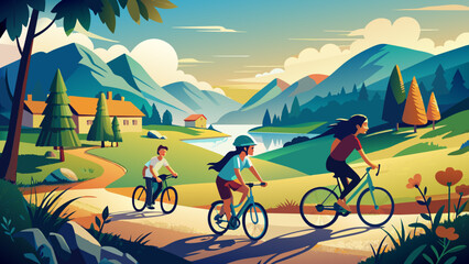 Serene Mountain Lake Cycling Adventure. Vector illustration of cycling adventure. Outdoor activity and healthy lifestyle concept for poster, banner. 