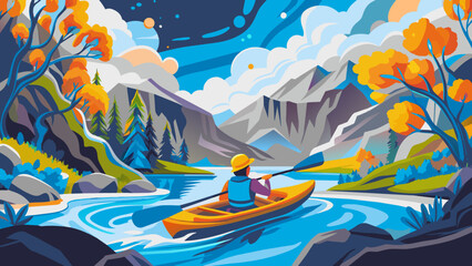 Serene Kayak Adventure in Autumn Mountain Landscape. Colorful vector illustration of scenic nature landscape. Outdoor adventure and water sports concept for poster, banner.