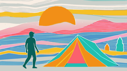 Colorful Abstract Camping Landscape with Sunrise and Adventurer. Vector illustration of outdoor adventure. Camping and exploration concept for poster, banner. Flat design style with pastel colors