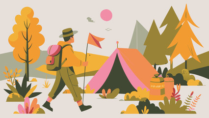Autumn Camping Adventure in Picturesque Mountain Landscape. Vector illustration of outdoor adventure. Camping and exploration concept for poster, banner. Flat design style with pastel colors