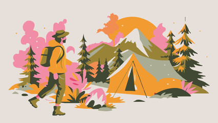 Solo Trekker Enjoying Autumn Hiking Adventure in the Mountains. Vector illustration of outdoor adventure. Camping and exploration concept for poster, banner. Flat design style with pastel colors