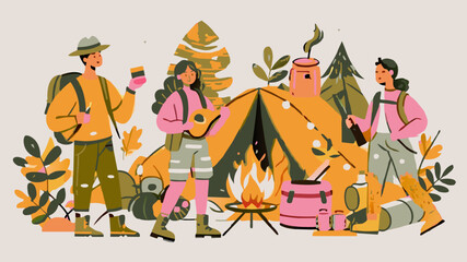 Joyful Friends Enjoying a Camping Trip in the Great Outdoors. Vector illustration of outdoor adventure. Camping and exploration concept for poster, banner. Flat design style with pastel colors