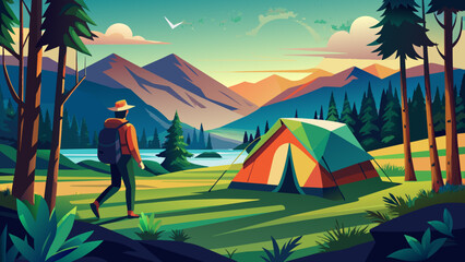 Solo Adventurer at Sunset Campsite in Picturesque Mountain Valley. Vector illustration of outdoor adventure. Camping and exploration concept for poster, banner. Flat design style with pastel colors