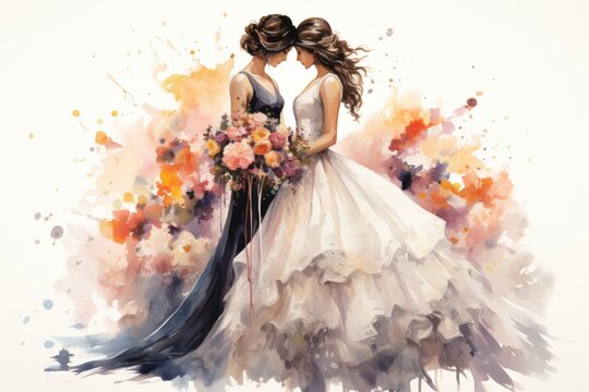 Two watercolor brides in wedding dresses with colorful floral bouquets