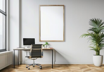 Notebook mockup,Empty Picture Frame on Desk with Plant and Pen Holder, high-resolution (300 DPI)