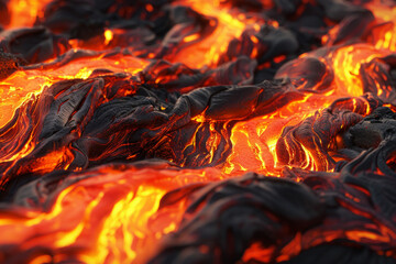 Textured surface of molten lava, featuring glowing orange hues and flowing streams. Molten lava textures offer a dramatic and intense backdrop