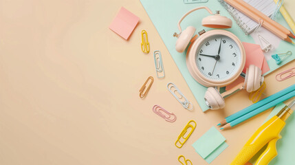 Flat Lay of Pastel Stationery and Alarm Clock on Cream Background