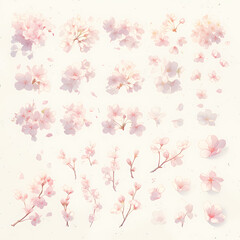 Sakura blossoms watercolor painted in delicate hues with a touch of elegance and tranquility for versatile design use.