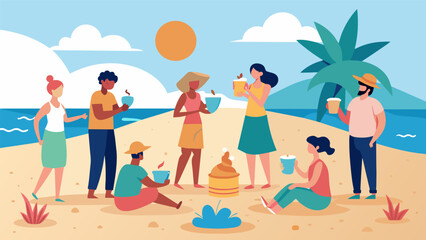 On a sunny beach a group of people gather around a sandcastle adorned with shells and flowers. Each person offers a small cup of water as a libation. Vector illustration