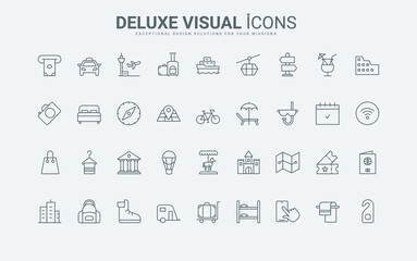 Tickets and taxi, passport and suitcase of passenger, museum tour and cruise thin black and red outline symbols, vector illustration. Hotel hospitality, camping tourism and travel line icons set