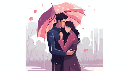 Love couple hugging under umbrella. Romantic date o