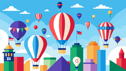 Brightly colored hot air balloons drifting above a cityscape their flags waving proudly in the wind as people gather to celebrate Independence Day.. Vector illustration