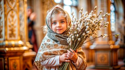 Cute curly girl with flowers in russian church - obrazy, fototapety, plakaty