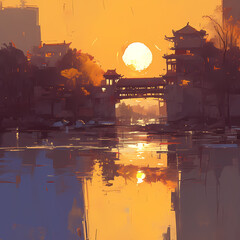 Radiant Sunset Illuminates Historic Chinese City with Traditional Bridge and Boats on Calm Waters