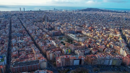 Aerial view of the city Barcelona in Spain on a sunny morning in early spring.