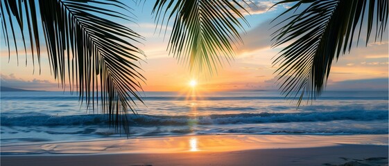 Sunset on the beach and palm trees by the warm ocean, with the sun setting behind the horizon, creating a heavenly scene of nature's beauty during the warm summer evening