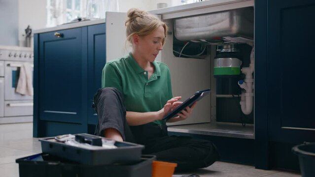 Female plumber with digital tablet fixing waste disposal unit in domestic kitchen  - shot in slow motion