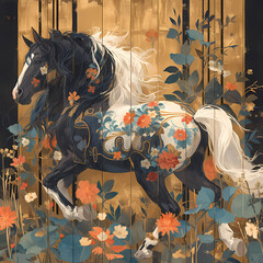 Timeless Illustration of a Stately Black and White Horse with Gorgeous Floral Accents on a Gold Canvas Background - Perfect for Luxury Brands and High-End Products