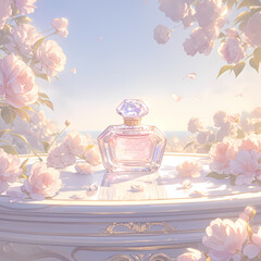 A Sophisticated Perfume Flacon Surrounded by Blossoming Flowers and Soft Light
