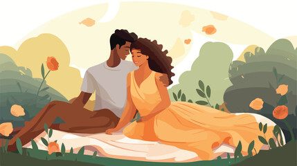 Love couple relaxing on picnic blanket on summer ho - obrazy, fototapety, plakaty