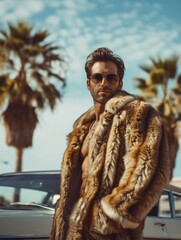 Stylish man in fur coat and sunglasses with luxury car and palm trees - obrazy, fototapety, plakaty