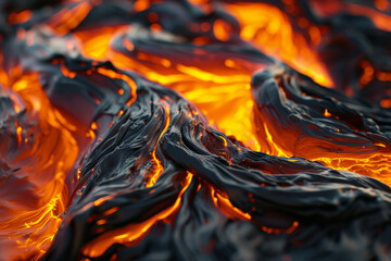 Textured surface of molten lava, featuring glowing orange hues and flowing streams. Molten lava textures offer a dramatic and intense backdrop