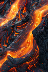 Textured surface of molten lava, featuring glowing orange hues and flowing streams. Molten lava textures offer a dramatic and intense backdrop