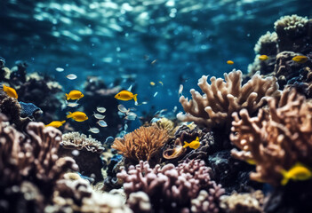 Naklejka na ściany i meble reef Life fish ocean School coral view Underwater