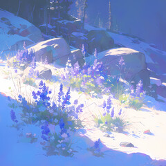 Twilight Lavender Blossoms on Snowy Mountain Slope - A Breathtaking Nature Stock Image