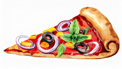 Watercolor painting of peperoni pizza slice. Tasty fast food. Delicious snack. Hand drawn art