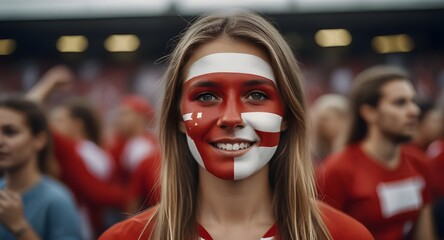Happy DENMARK woman supporter with face painted in DENMARK flag , DENMARK fan at a sports event such as football or rugby match euro 2024, blurry stadium background