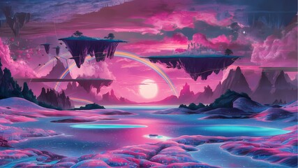 floating islands in the sky, connected by rainbow bridges, and a serene lagoon below with glowing water