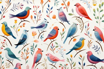 Charming avians, foliage mix, continuous pattern, flat illustration, white base , childlike drawing