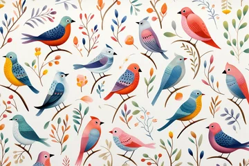 Fotobehang Charming avians, foliage mix, continuous pattern, flat illustration, white base ,  childlike drawing © Amina