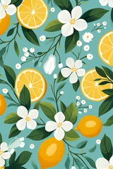 Fotobehang Citrus flowers, aqua leaf pattern, seamless graphic, simple lines, solid color ,  pattern vectors and illustration © Amina