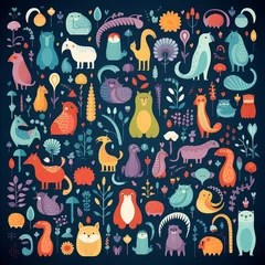 Fotobehang Childrens menagerie, infinite pattern, simple flat graphic, solid background ,  high resolution © Amina