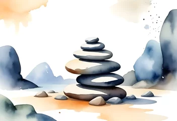 Fotobehang Zen Rock Stacking Illustration Digital Painting Artwork Smooth Stone Yoga Relax Background Design © amonallday