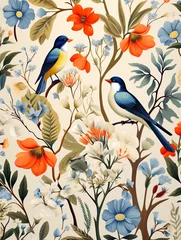 Fotobehang Country birds amidst flora, endless charm, flat pattern, white background ,  high resolution © Amina