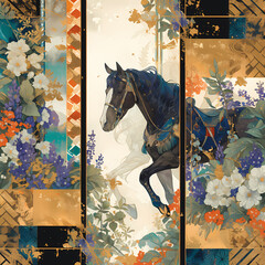 Vibrant and Timeless: An Abstract Gold-Accented Watercolor Horse Illustration with Floral Details for Print Design