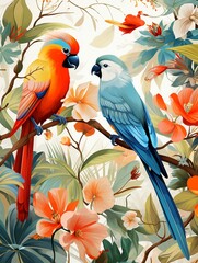 Exotic birds among foliage, repeating print, flat illustration, white base ,  flat graphic drawing