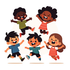 illustration of cute children of different races jumping happily